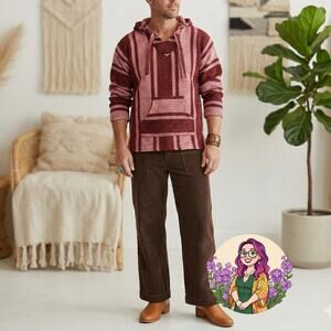 VTG Mexican Baja Hoodie Jerga Drug Rug Striped Red White Large Boho Gorpcore